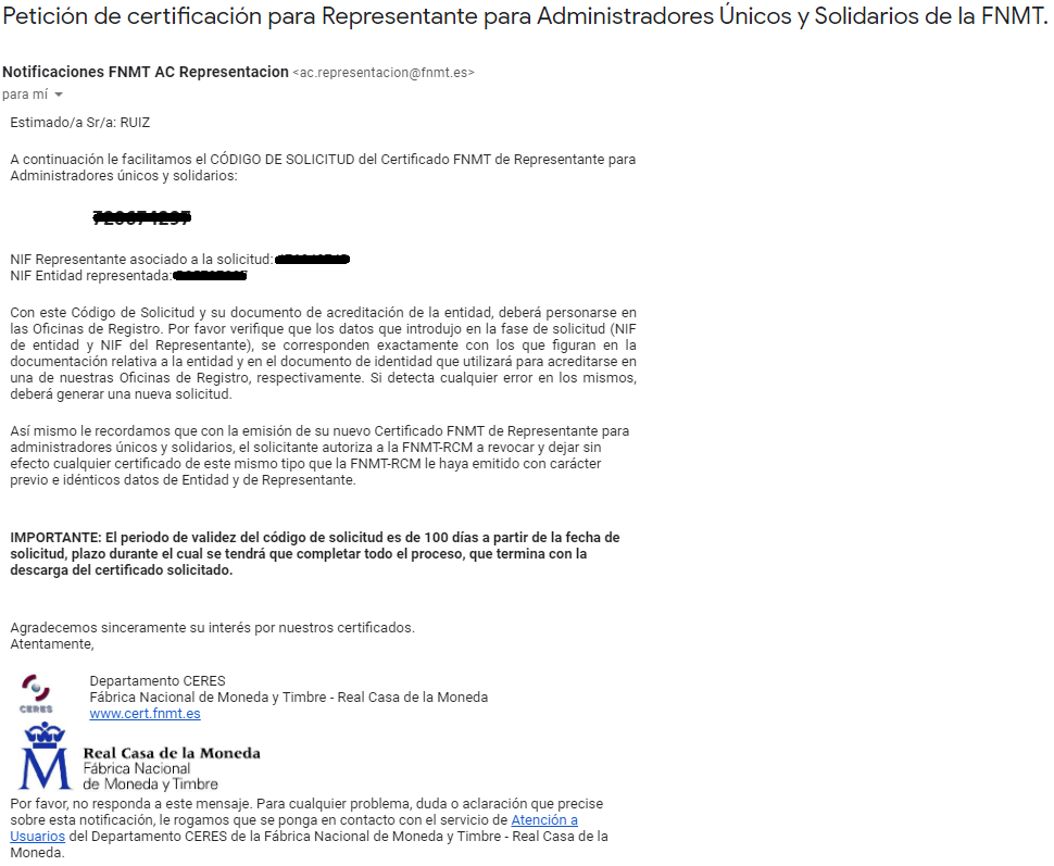 FNMT ceres. Correo electrónico recibido en la solicitud de Certificado Digital fnmt de Administrador Único y Solidario sin ningún certificado.