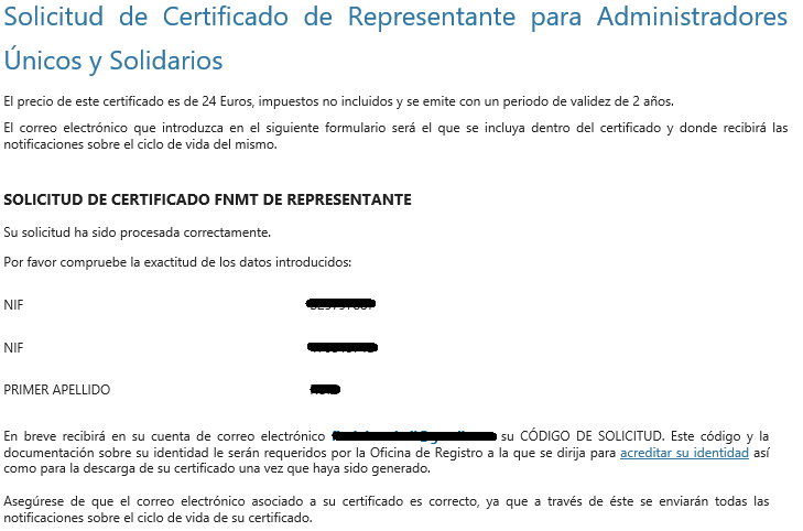 FNMT ceres. Solicitud exitosa en la solicitud de Certificado Digital fnmt de Administrador Único y Solidario sin ningún certificado.
